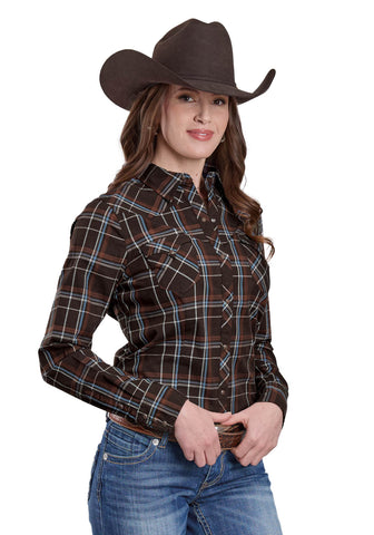 Roper Womens Arrow Dobby Brown 100% Cotton L/S Shirt