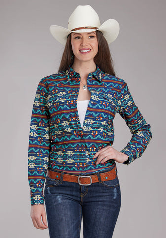 Roper Womens Horizontal Navajo Aztec Blue 100% Cotton L/S Shirt