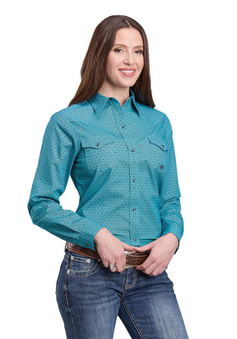 Roper Womens Aztec Diamond Geo Blue 100% Cotton L/S Shirt