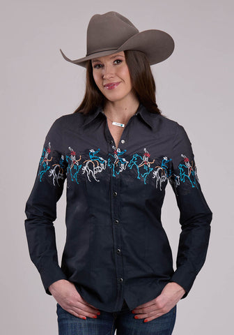 Roper Womens Painterly Rodeo Border Black 100% Cotton L/S Shirt