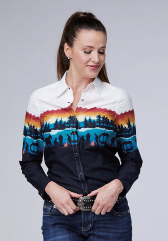 Roper Womens Lakeside Camp Border Black 100% Cotton L/S Shirt