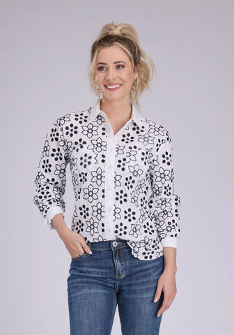 Roper Womens Floral Eyelet Western White/Black 100% Cotton L/S Blouse