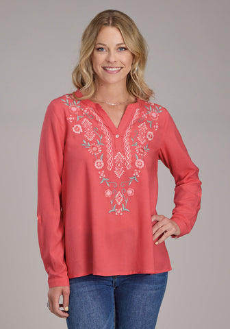 Roper Womens Floral Split V Placket Pink 100% Rayon L/S Tunic