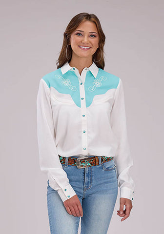 Roper Womens Curvy Fancy Yokes Cream/Blue 100% Rayon L/S Shirt