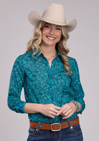Roper Womens Tooled Floral Print Teal 100% Polyester L/S Shirt