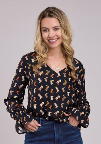 Roper Womens Boot Printed Black 100% Rayon L/S Blouse