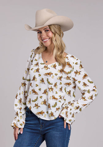 Roper Womens Racers Printed Cream 100% Rayon L/S Blouse