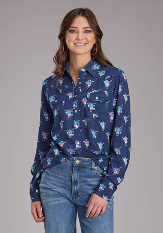 Roper Womens 2426 Skulls Western Navy 100% Rayon L/S Blouse