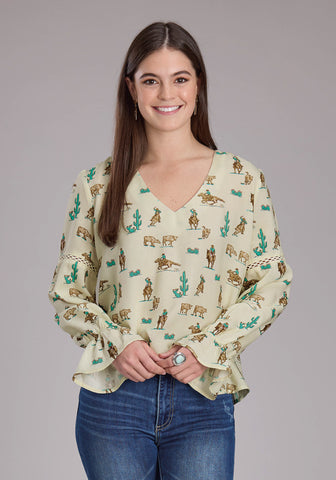 Roper Womens 2424 Printed Ropers White 100% Rayon L/S Blouse