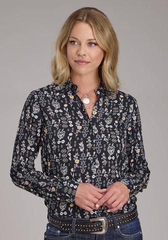 Roper Womens 2422 Floral Print Vintage Black 100% Rayon L/S Shirt