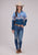 Roper Womens Barrel Racer Border Blue 100% Rayon L/S Blouse
