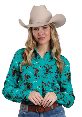 Roper Womens 2564 Retro Rodeo Turquoise 100% Rayon L/S Shirt