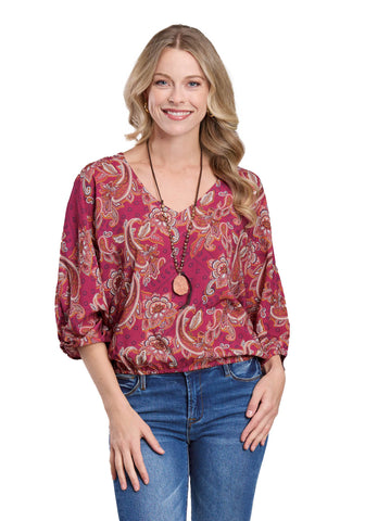 Roper Womens Bandana Paisley Raspberry 100% Rayon L/S Blouse