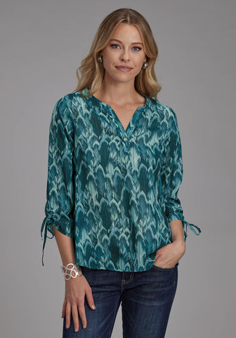 Roper Womens Feather Georgette Teal 100% Polyester 3/4 Sleeve S/S Blouse