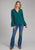 Roper Womens Ruffle Trim Challis Teal 100% Rayon L/S Blouse