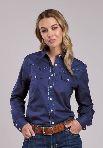 Roper Womens 2862 Contrast Piping Blue 100% Cotton L/S Blouse