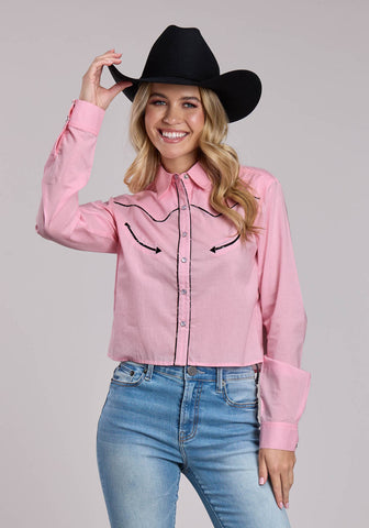 Roper Womens 2862 Cropped Western Pink 100% Cotton L/S Blouse