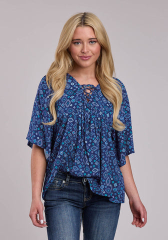 Roper Womens Aztec Peasant Blue 100% Rayon S/S Blouse