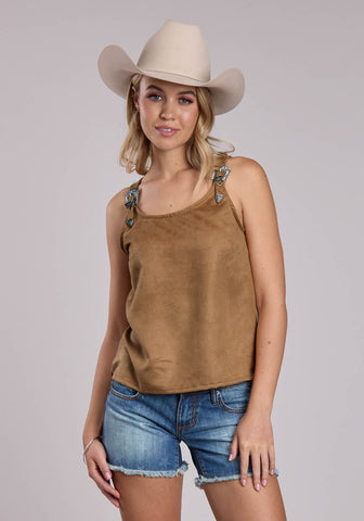 Roper Womens Microsuede Belt Buckle Camel 100% Polyester S/L Tank Top