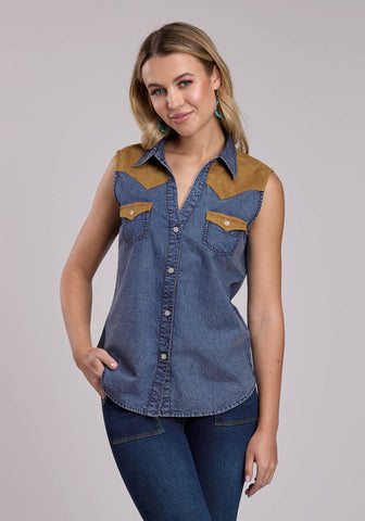 Roper Womens Poly Suede Contrast Yokes Blue/Tan 100% Cotton S/L Blouse