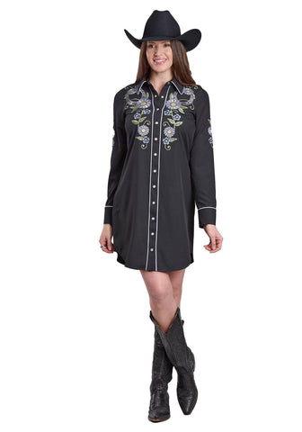 Roper Womens Horseshoe and Floral Black Poly/Spandex L/S Dress