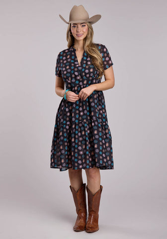 Roper Womens Multi Concho Print Black 100% Polyester S/S Dress