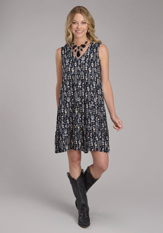 Roper Womens 2422 Vintage Floral Print Black 100% Rayon S/L Dress
