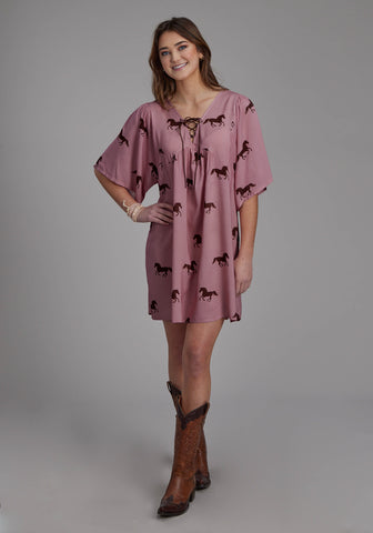 Roper Womens Wild Horses Pink 100% Rayon S/S Dress