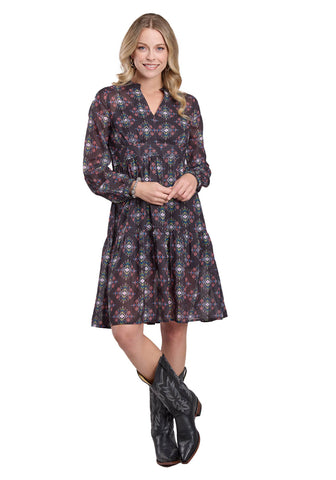 Roper Womens Georgette Aztec Brights Black 100% Polyester L/S Dress