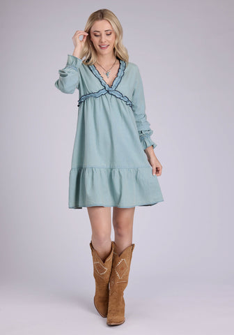 Roper Womens Denim V-Neck Light Blue 100% Cotton L/S Dress
