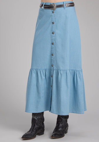Roper Womens Maxi Length Ruffle Blue 100% Cotton Skirt