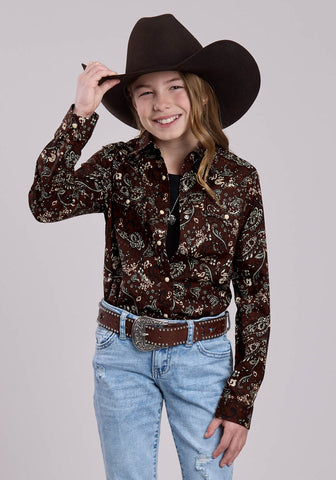 Roper Kids Girls Brilliant Paisley Brown 100% Cotton L/S Shirt