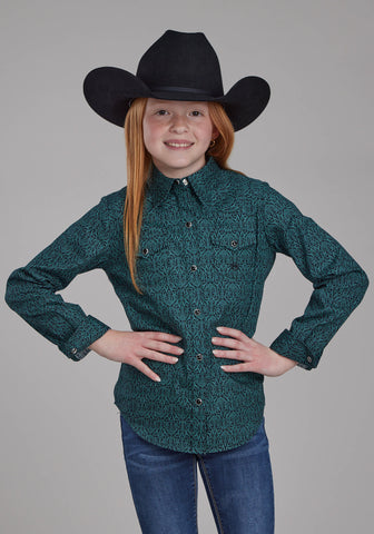 Roper Kids Girls Vintage Paisley Green 100% Cotton L/S Shirt