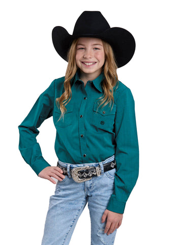 Roper Kids Girls Solid Poplin Black Fill Teal 100% Cotton L/S Shirt