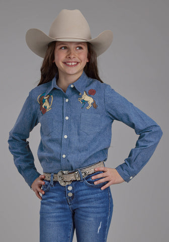 Roper Kids Girls 2274 Horse and Rose Blue 100% Cotton L/S Shirt