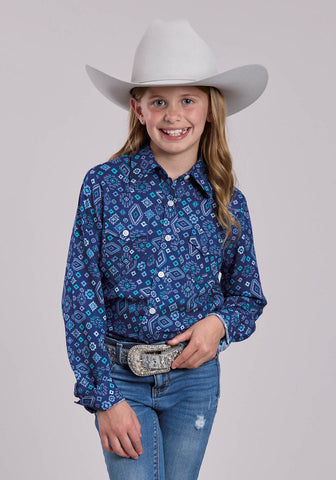 Roper Kids Girls Aztec Printed Blue 100% Rayon L/S Shirt