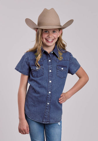 Roper Kids Girls Western Yokes Blue 100% Cotton S/S Shirt