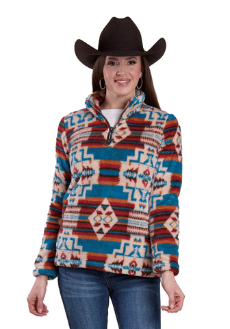 Roper Womens Aztec Polar 1/4 Zip Grey/Red 100% Polyester Fleece Jacket