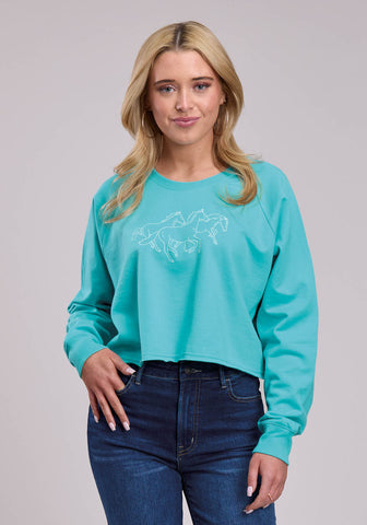 Roper Womens Running Horses Cropped Turquoise 100% Cotton Sweatshirt