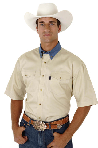 Roper Mens Button Down Western Khaki/Blue 100% Cotton S/S Shirt