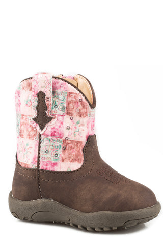Roper Infant Girls Cowbabies Floral Shine Brown/Pink Faux Leather Cowboy Boots