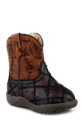 Roper Infant Unisex Cowbabies Bird Blocks Brown/Black Faux Leather Cowboy Boots