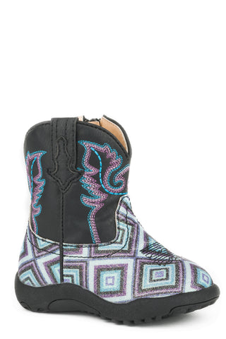 Roper Infant Girls Cowbabies Glitter Diamonds Black Faux Leather Cowboy Boots