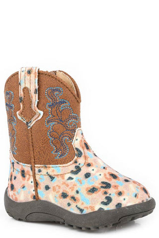 Roper Infant Unisex Cowbabies Glitter Blossom Brown Faux Leather Cowboy Boots