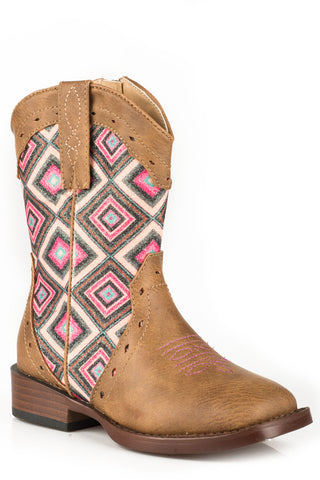 Roper Toddler Girls Glitter Geo Tan/Pink Faux Leather Cowboy Boots
