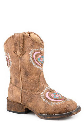 Roper Toddler Girls Lydia Glitter Heart Tan Faux Leather 6in Cowboy Boots