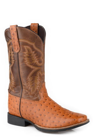Roper Kids Unisex Garza Ostrich Print Tan Leather Cowboy Boots