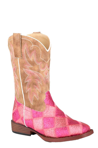 Roper Kids Girls Glitter Blocks Pink/Fuchsia Faux Leather Cowboy Boots