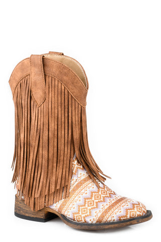 Roper Kids Girls Double Fringe Tan Faux Leather Cowboy Boots