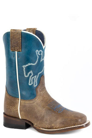 Roper Kids Unisex Bronc Rider Waxy Blue/Brown Leather Cowboy Boots